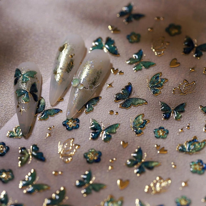 1 Sheet 5D Embossed Green & Golden Butterfly Nail Art Stickers - Self-Adhesive Floral Nail Decals with Glitter Accents, Spring Summer DIY Manicure Supplies for Women Girls, Beauty Enhancements | Spring Summer Theme | Intricat